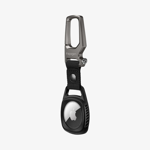 AMP01565 - AirTag Case Rugged Armor showing the front and side with carabiner opened